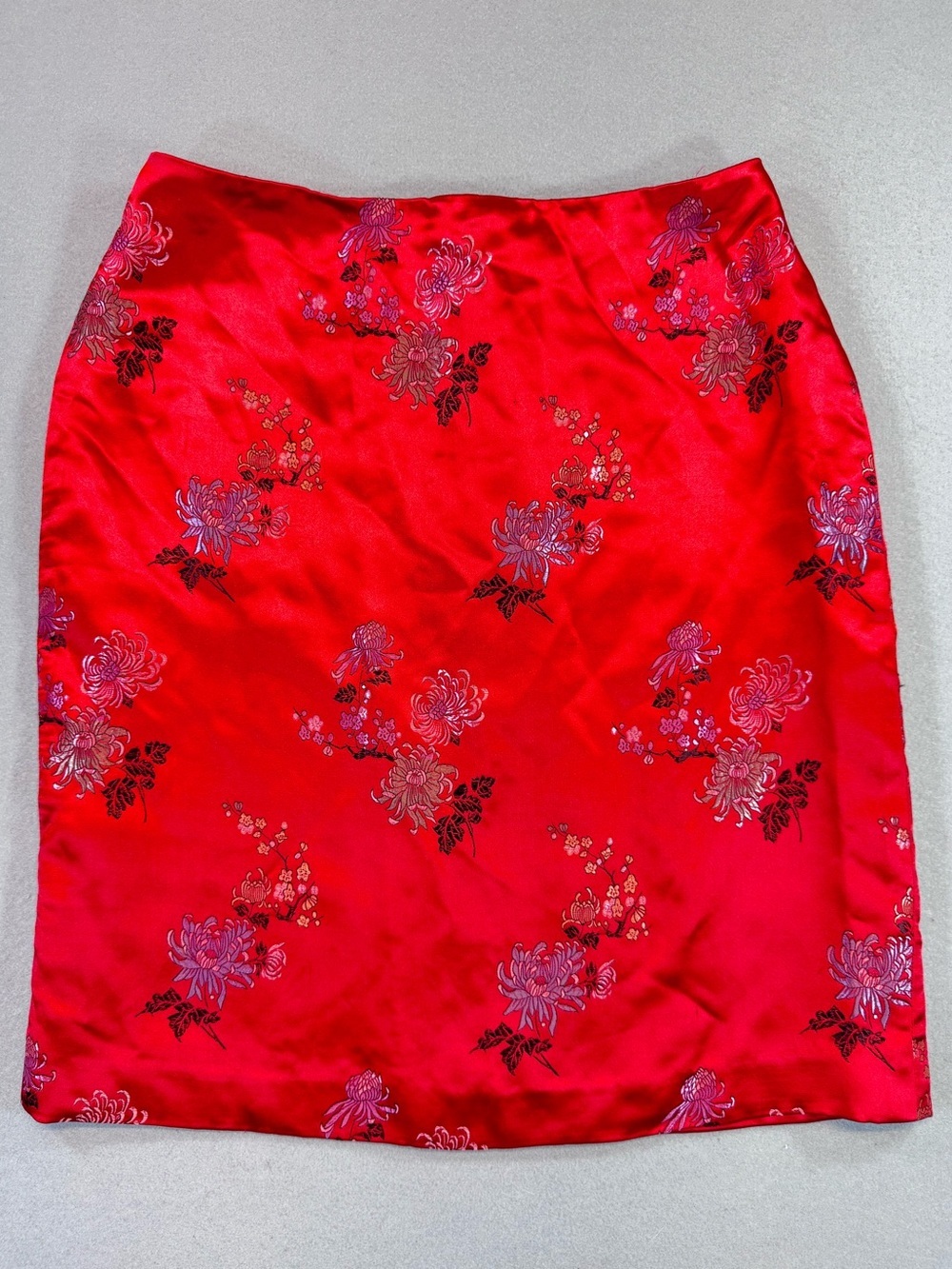 Floral Red Satin Pencil Skirt